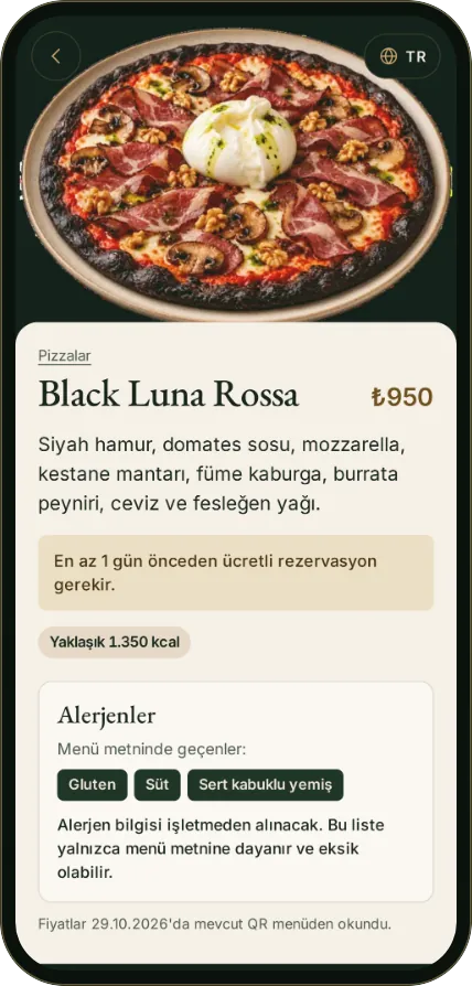 Menü konsepti, ürün sayfası: Black Luna Rossa, içindekiler ve alerjenler