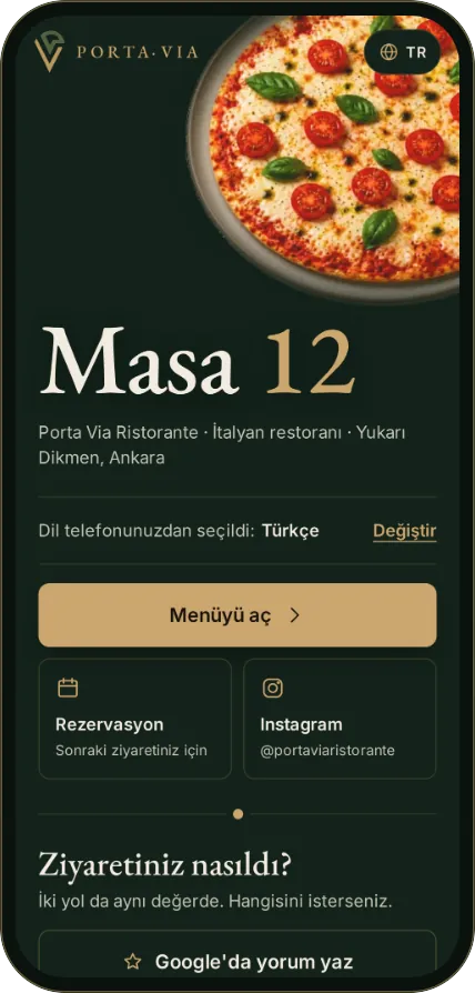 Menü konsepti, karta dokununca açılan ekran: Masa 12, Menüyü aç, Rezervasyon ve Instagram